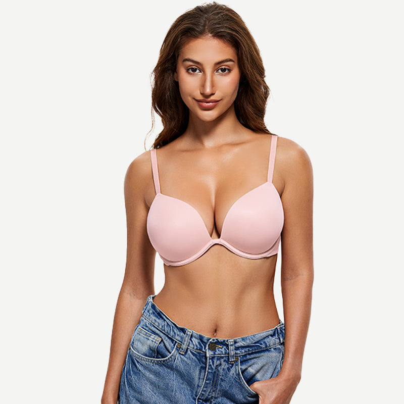Deep V Padded Push Up Bra with Underwire, Pink Wingslove