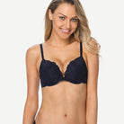 Floral Lace Push-Up Lightly Padded Demi Plunge Underwire Bra Dark Blue Wingslove
