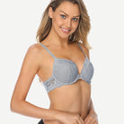 Floral Lace Push-Up Lightly Padded Demi Plunge Underwire Bra Grey1