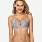 Floral Plunge Underwire Push Up Bra With Padded, Grey