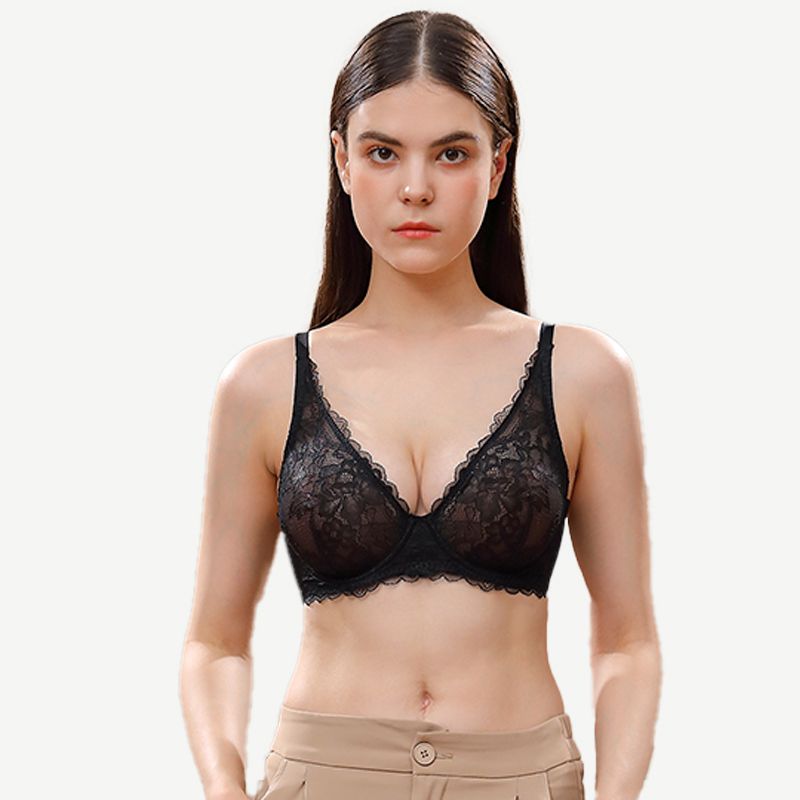 WingsLove Floral Lace Unlined Plunge Bra for Full Bust Support, Black
