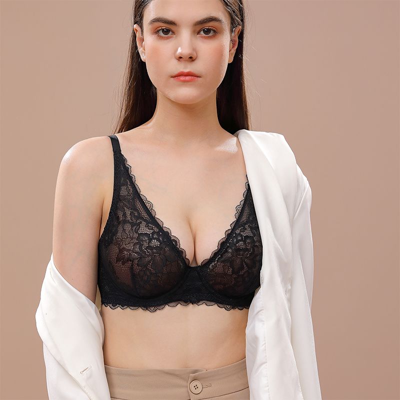 Floral Lace Unlined Plunge Bra with Underwire, Black Wingslove