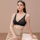 Floral Lace Unlined Plunge Bra with Underwire, Black Wingslove