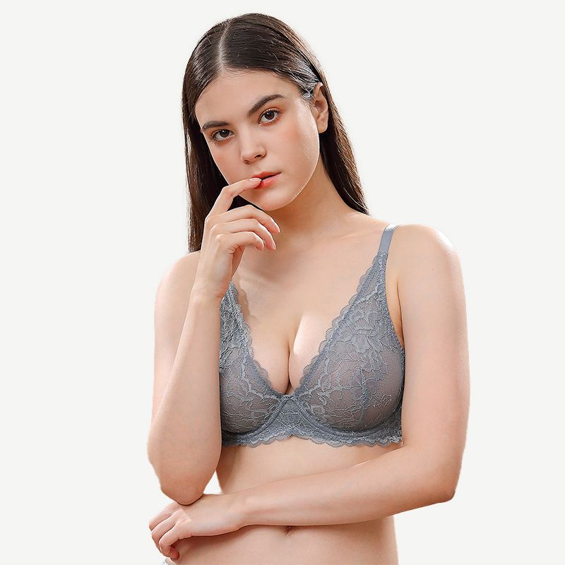 Floral Lace Unlined Plunge Bra with Underwire, Grey Wingslove