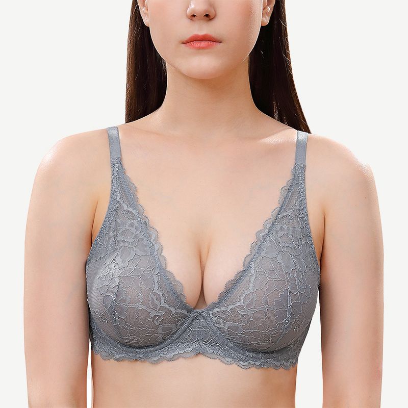 Floral Lace Unlined Plunge Bra with Underwire, Grey Wingslove