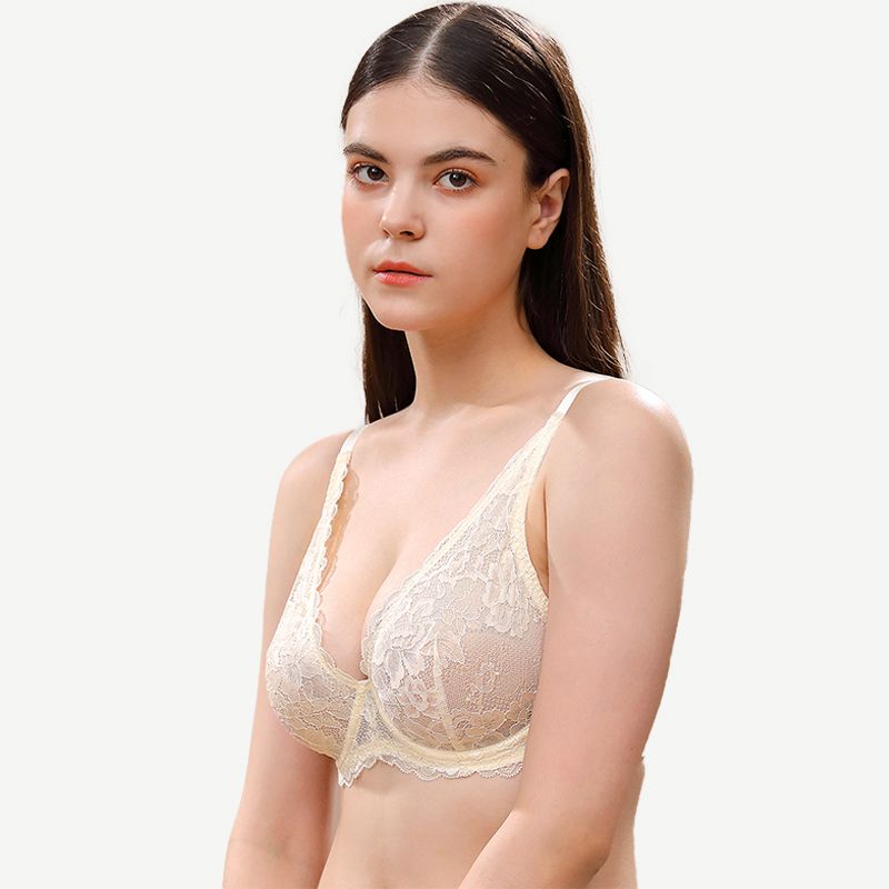 Floral Lace Unlined Plunge Bra with Underwire, Nude Wingslove