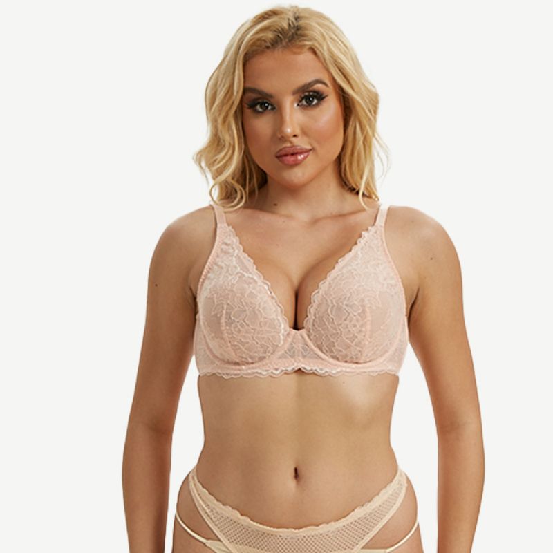 Floral Lace Unlined Plunge Bra with Underwire, Pink Nude Wingslove
