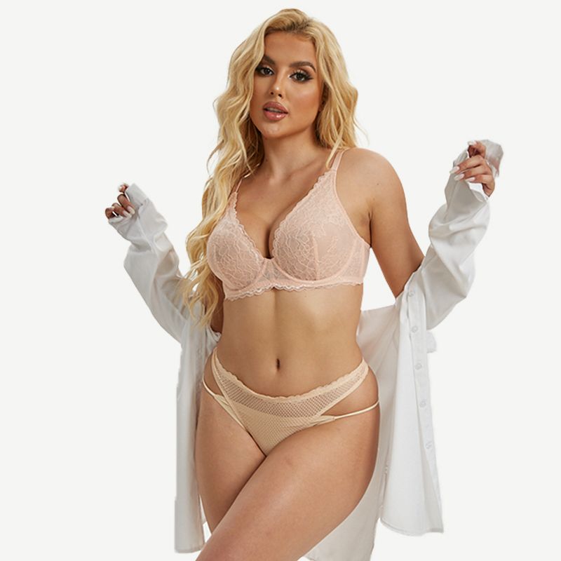 Floral Lace Unlined Plunge Bra with Underwire, Pink Nude Wingslove