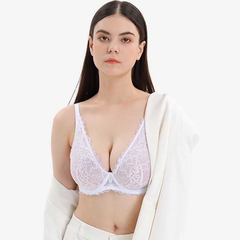 Floral Lace Unlined Plunge Bra with Underwire, White Wingslove