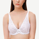 Floral Lace Unlined Plunge Bra with Underwire, White Wingslove