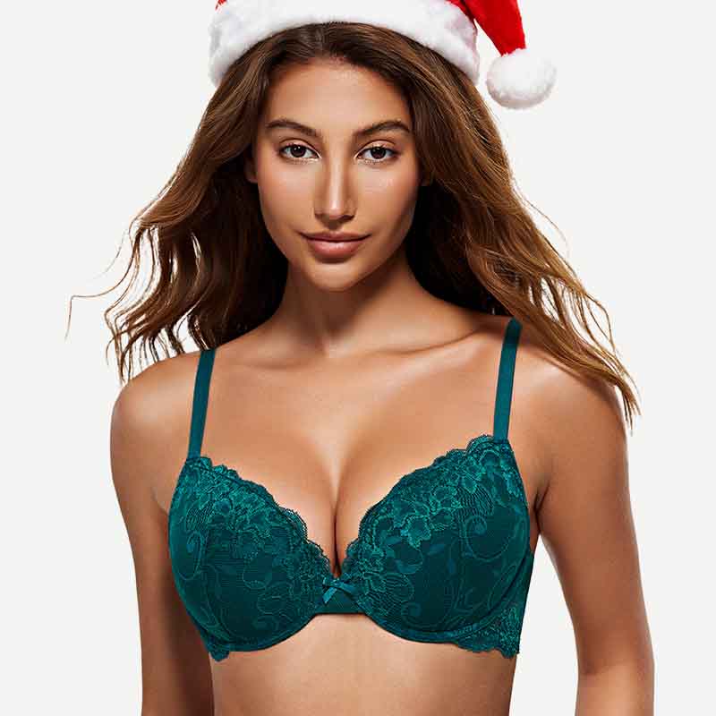 Floral Plunge Underwire Push Up Bra With Padded, Green