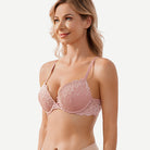 Floral Plunge Underwire Push Up Bra With Padded, Rose Pink wingslove