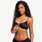 Front Closure Unlined Lace Underwire Bra with Rhinestone Straps, Black Wingslove