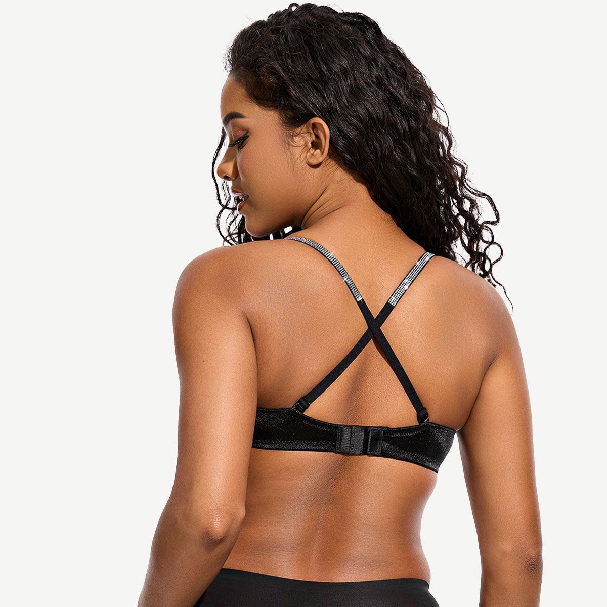 Front Closure Unlined Lace Underwire Bra with Rhinestone Straps, Black Wingslove