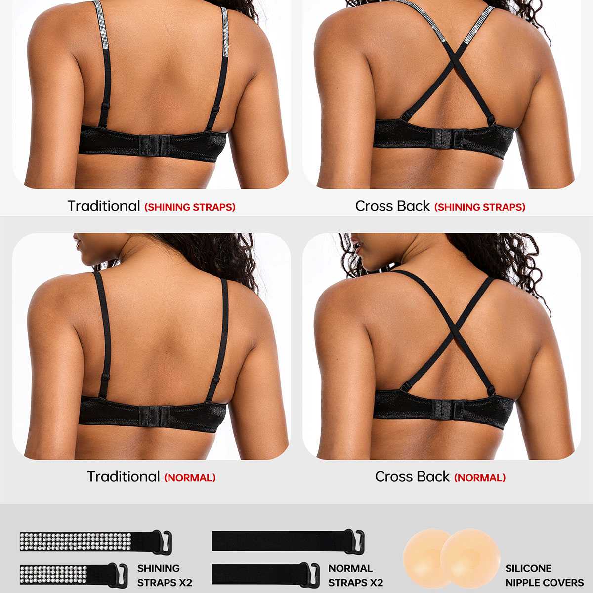 Front Closure Unlined Lace Underwire Bra with Rhinestone Straps, Black Wingslove