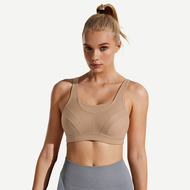 Full Coverage High Support Solid Stress Reliever Sports Bra Dark Nude wingslove