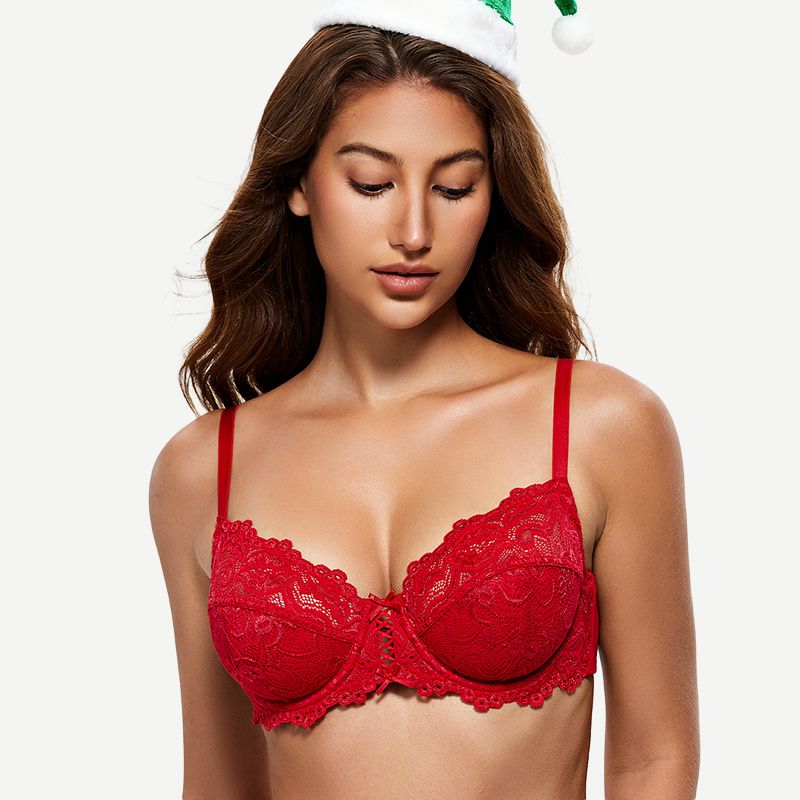 Full Coverage Lace Bra Underwire Bralette, Lava Red wingslove