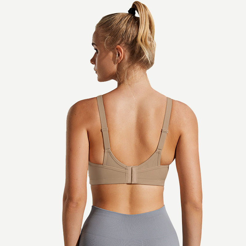 Full Coverage High Support Solid Stress Reliever Sports Bra Dark Nude wingslove