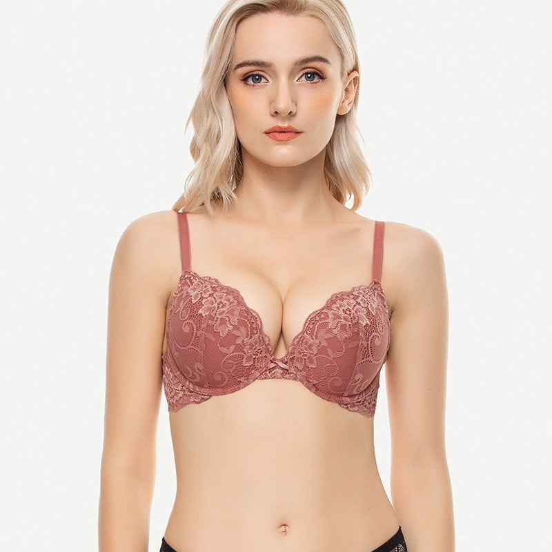 Floral Plunge Underwire Push Up Bra With Padded, Cinnabar Red