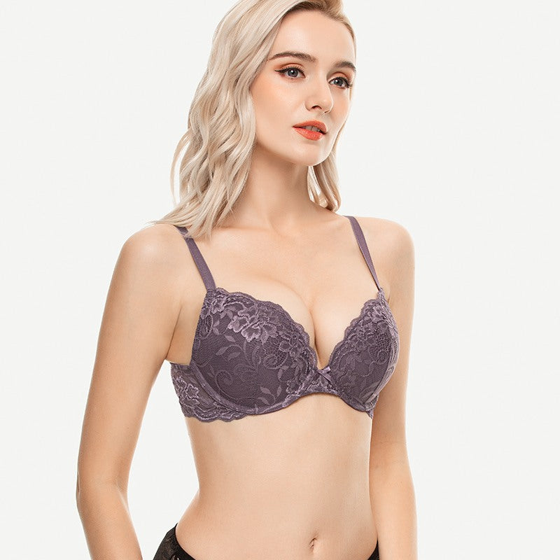 Floral Plunge Underwire Push Up Bra With Padded, Purple