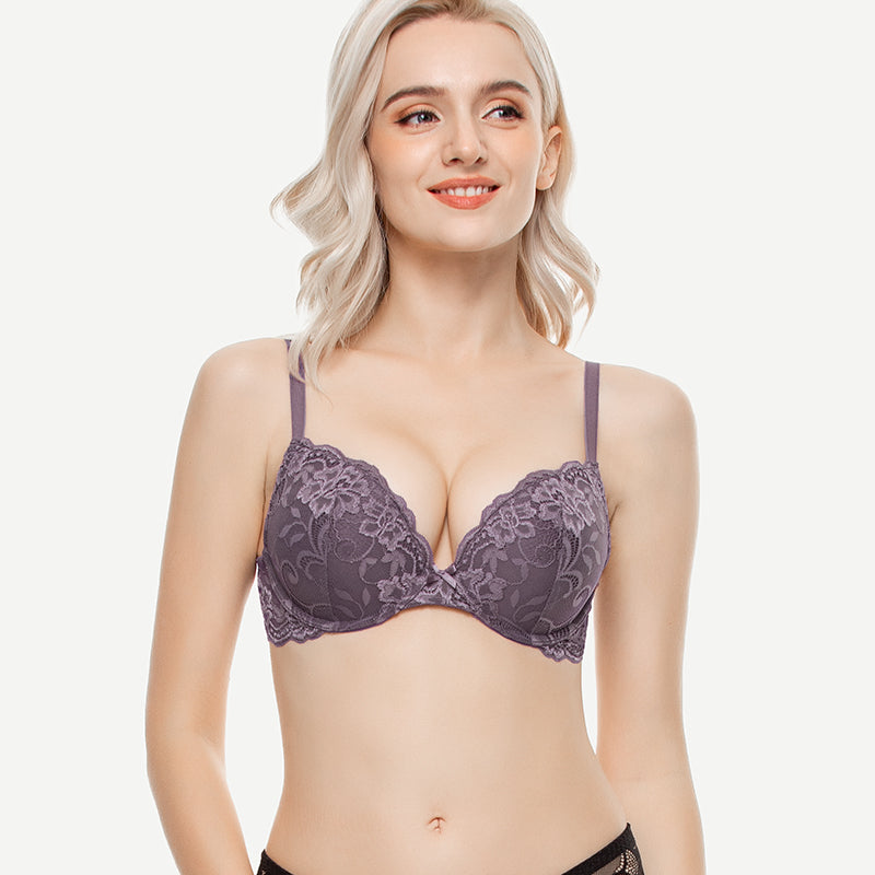 Lace Push Up Bra Lightly Padded Demi Plunge Bra Purple wingslove