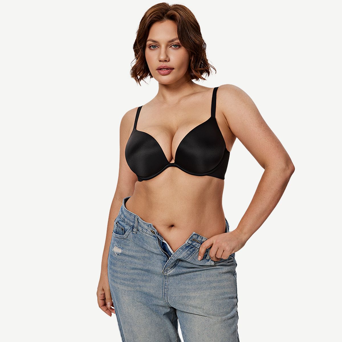 Seamless Plus Size Plunge Push-Up Bra Underwire, Black Wingslove