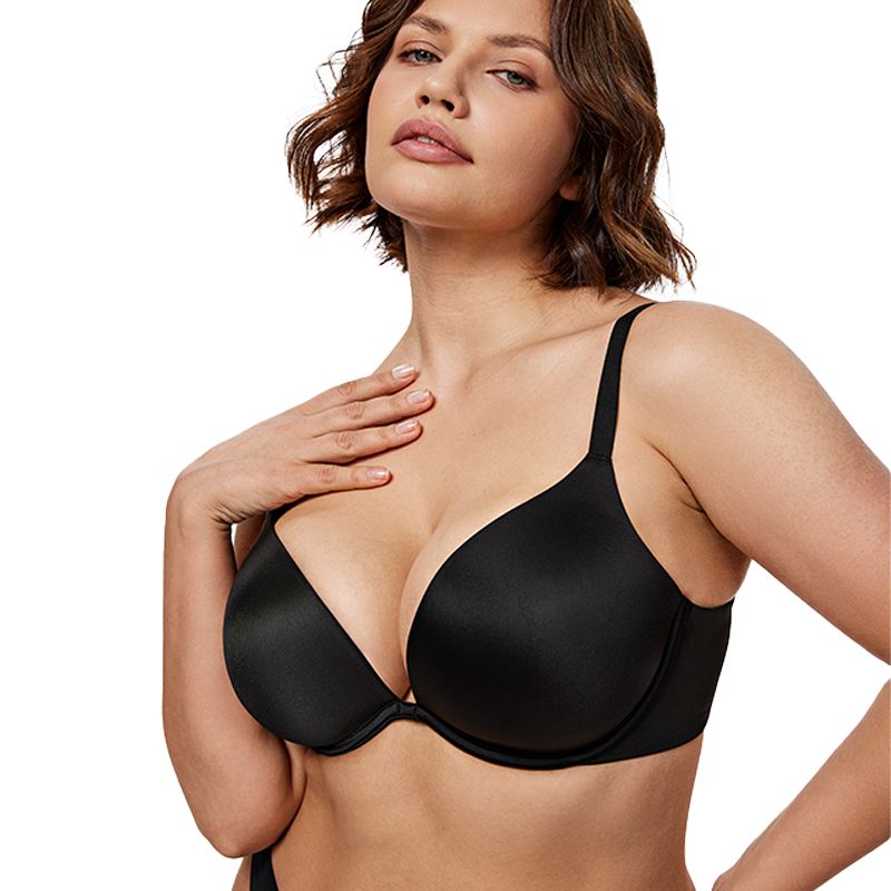 Seamless Plus Size Plunge Push-Up Bra Underwire, Black Wingslove