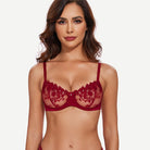 Underwire Lace bra Sheer Mesh Unlined, Wine Red