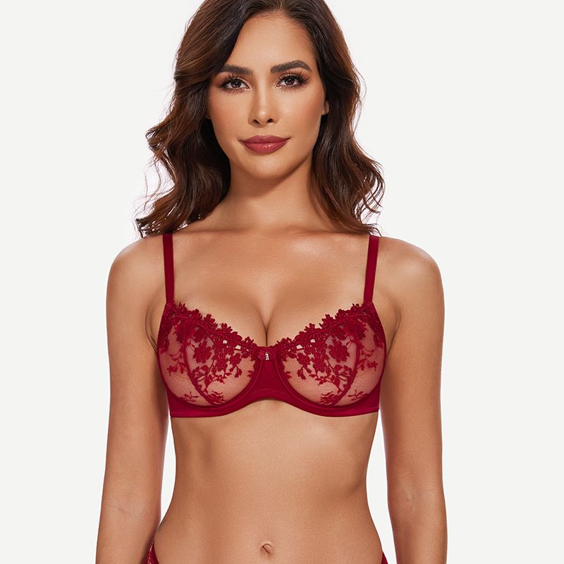 Underwire Lace bra Sheer Mesh Unlined, Wine Red