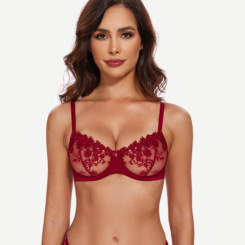 See Through Underwire Demi Sheer Balconette  Bra Wine Red Wingslove