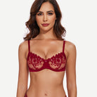 See Through Underwire Demi Sheer Balconette  Bra Wine Red Wingslove