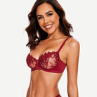 Underwire Lace bra Sheer Mesh Unlined, Wine Red