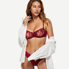 See Through Underwire Demi Sheer Balconette  Bra Wine Red Wingslove