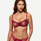 See Through Underwire Demi Sheer Balconette  Bra Wine Red Wingslove