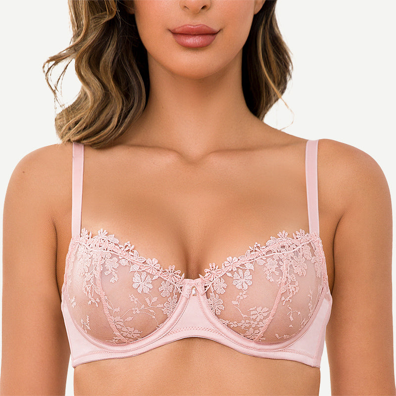 See Through Underwire Demi Sheer Bralette Bra Pink Wingslove