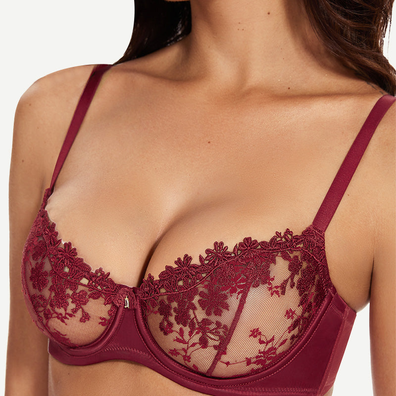 See Through Underwire Demi Sheer Bralette Bra Wine Red Wingslove