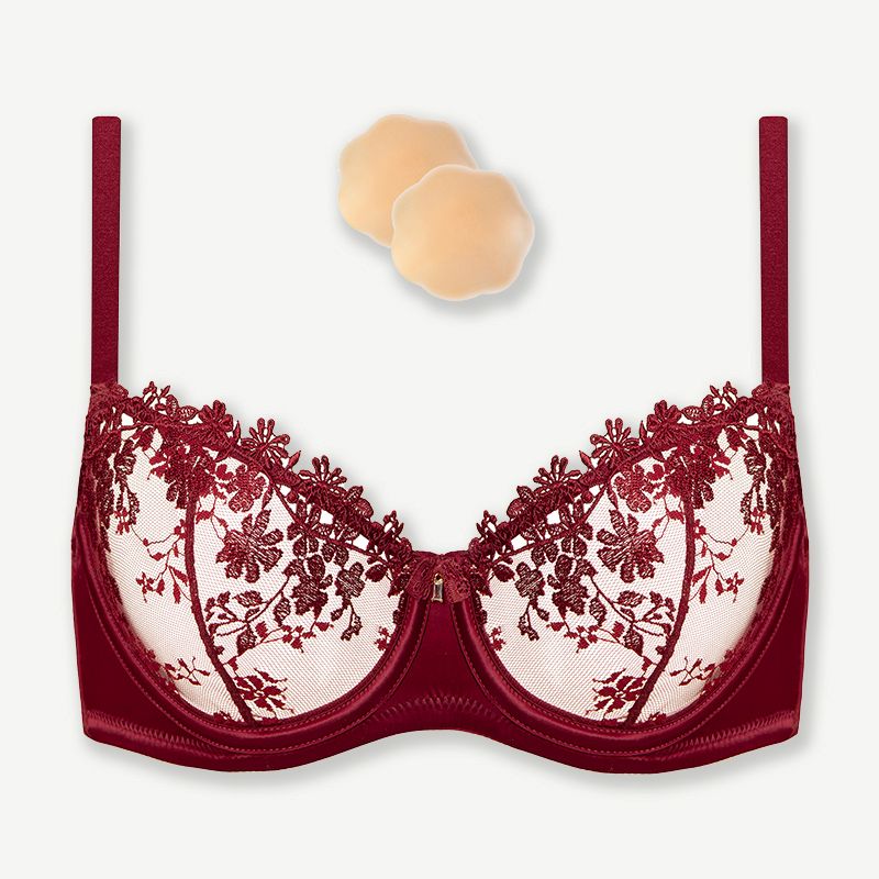 Underwire Lace bra Sheer Mesh Unlined, Wine Red