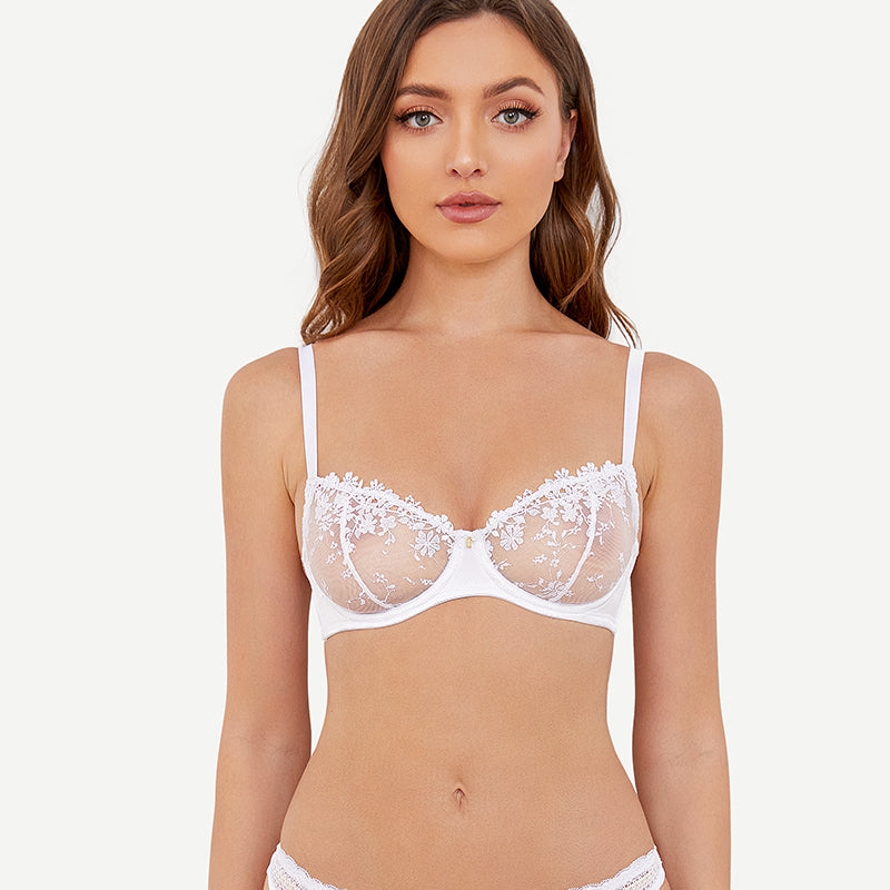 Wingslove See through Underwire Lace bra Sheer Mesh Unlined Balconette, White