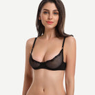 Sheer Lace Underwire Demi Bra with Plunge Neckline, Black