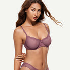 Sheer Lace Underwire Demi Bra with Plunge Neckline, Brownish Purple wingslove