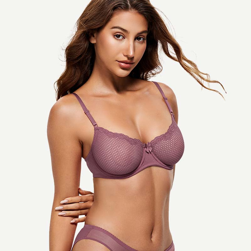 Sheer Lace Underwire Demi Bra with Plunge Neckline, Brownish Purple wingslove