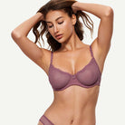 Sheer Lace Underwire Demi Bra with Plunge Neckline, Brownish Purple wingslove