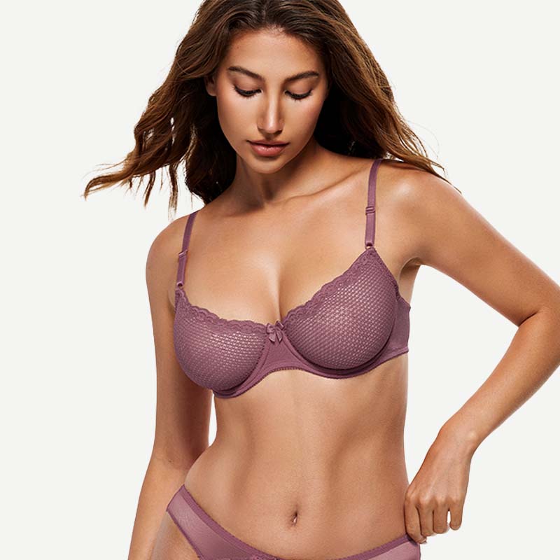 Sheer Lace Underwire Demi Bra with Plunge Neckline, Brownish Purple wingslove