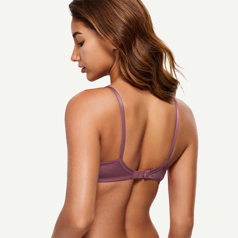 Sheer Lace Underwire Demi Bra with Plunge Neckline, Brownish Purple wingslove