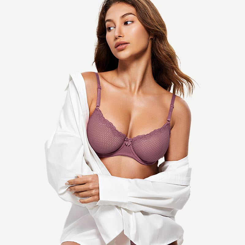 Sheer Lace Underwire Demi Bra with Plunge Neckline, Brownish Purple wingslove