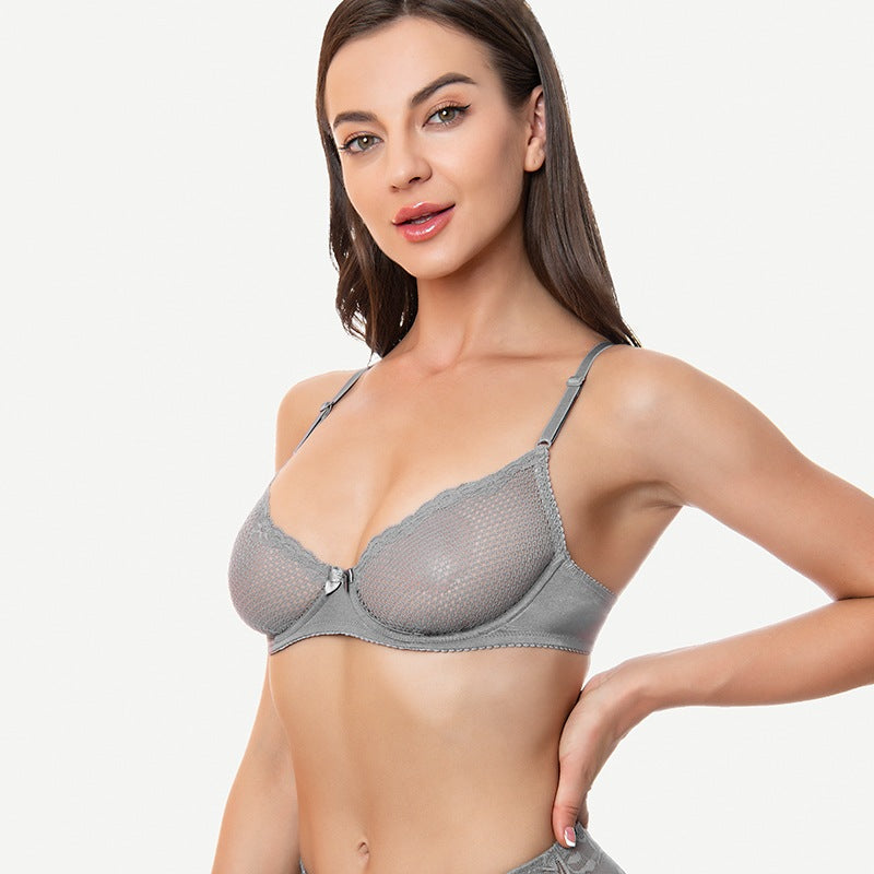 Sheer Lace Underwire Demi Bra with Plunge Neckline, Grey