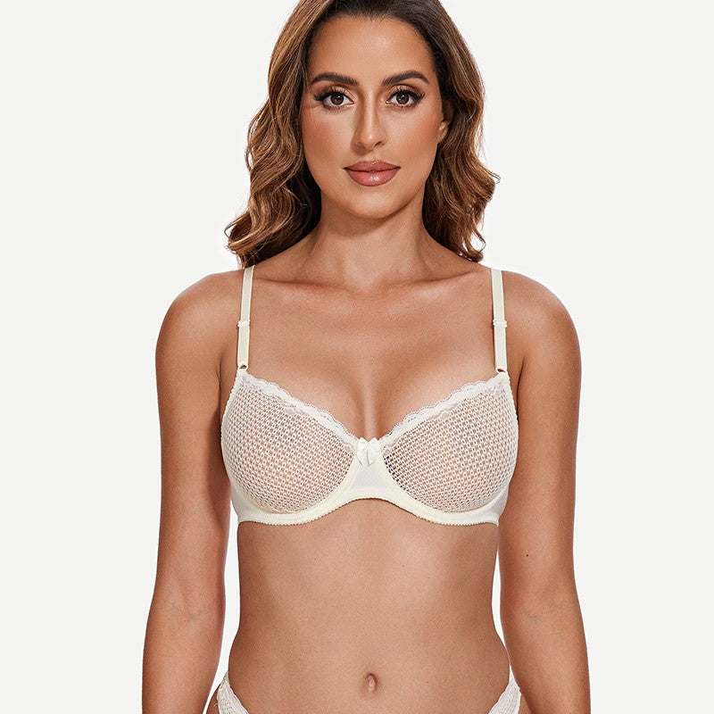 Sheer Lace Underwire Demi Bra with Plunge Neckline, Ivory White