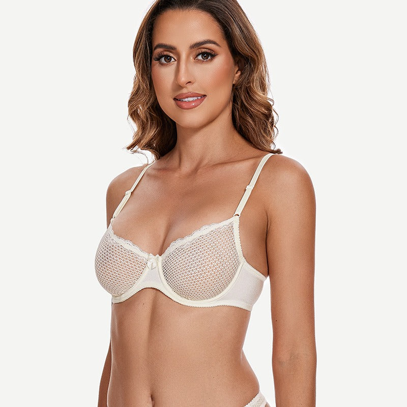 Sheer Lace Underwire Demi Bra with Plunge Neckline, Ivory White