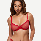 Sheer Lace Underwire Demi Bra with Plunge Neckline, Lava Red