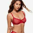 Sheer Lace Underwire Demi Bra with Plunge Neckline, Lava Red